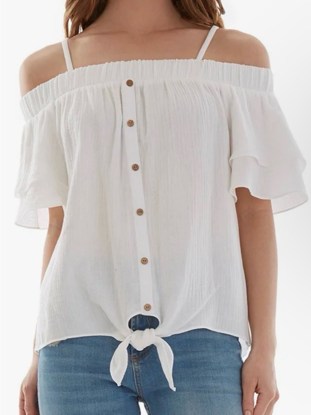 BCX White Off-Shoulder Button Tie-Front Blouse